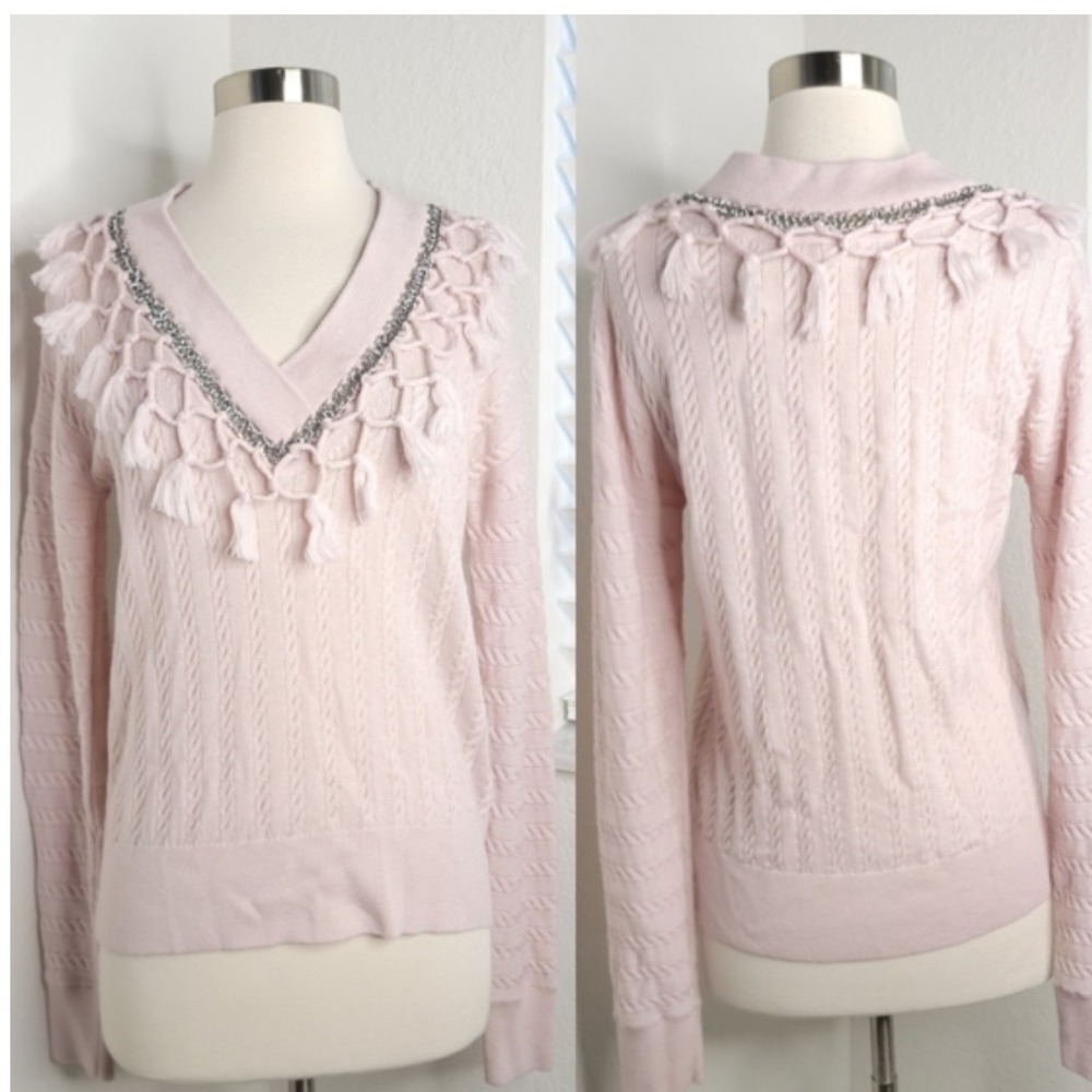 Jonathan Simkhai Pink Cable Knit Tassel Chain V-Neck wool Sweater‎ Womens Small